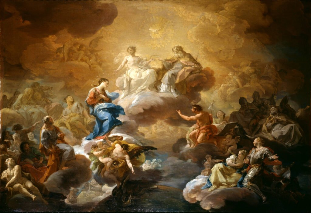 La Santísima Trinidad, la Virgen y santos, por Corrado Giaquinto (Hacia 1755).