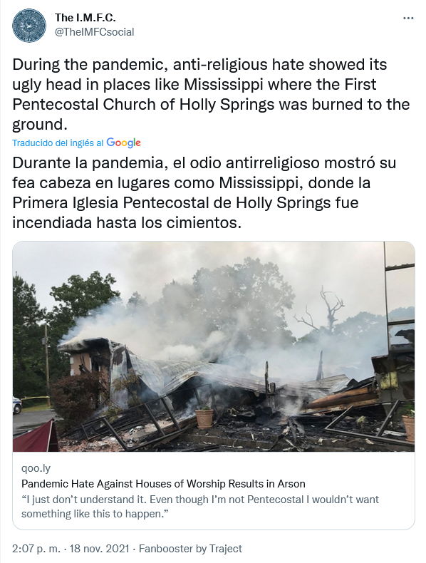 https://x.com/1churchburning --- Iglesias incendiadas, Church burning.