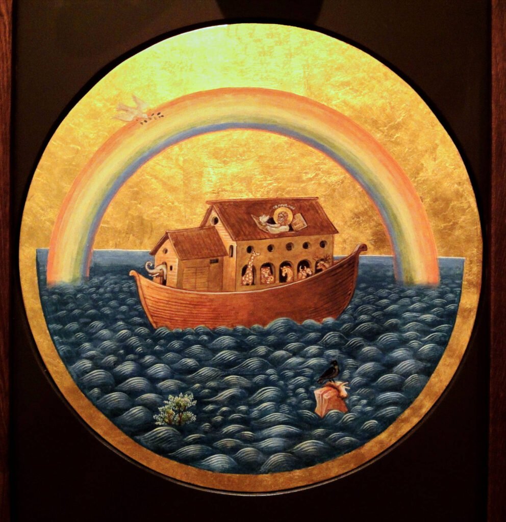 Arca de Noé sobre el mar y bajo el Arcoiris de siete colores.