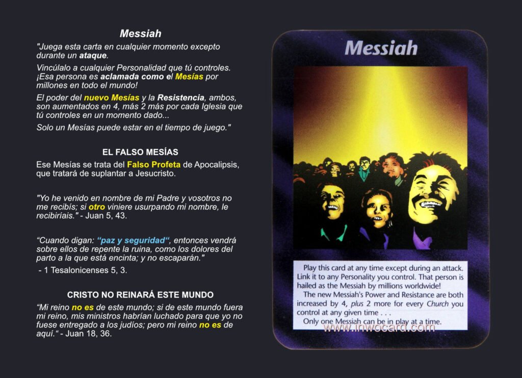 Falso Mesías o Falso Profeta de (Apocalipsis 16, 13), (Apocalipsis 19, 20) y (Apocalipsis 20, 10), haciéndose pasar por Cristo (Juan 5, 43). https://uncatolicoperplejo.com/dies-irae-2/